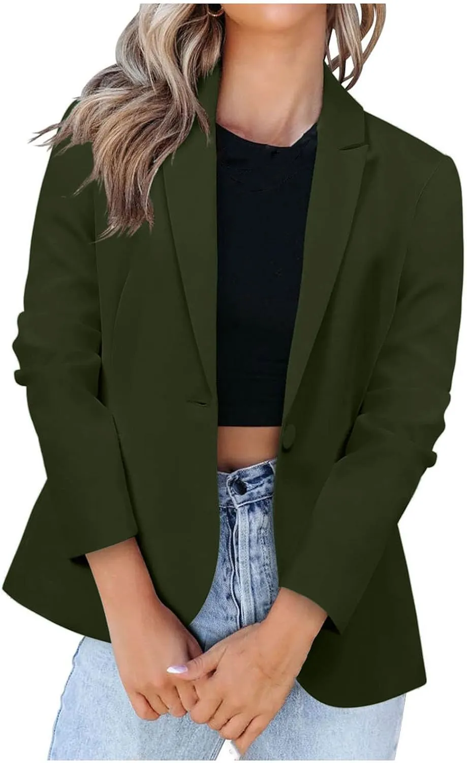 Women Fashion Button Down Blazer Suit Solid Long Sleeve Lapel Cardigan Blazer Business Casual Loose Jacket Coat