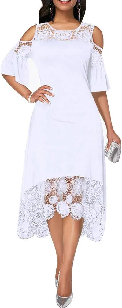 Women Lace Trim Plus Size Dresses Cold Shoulder Short Sleeve Ruffle Cocktail Party Midi Dress
