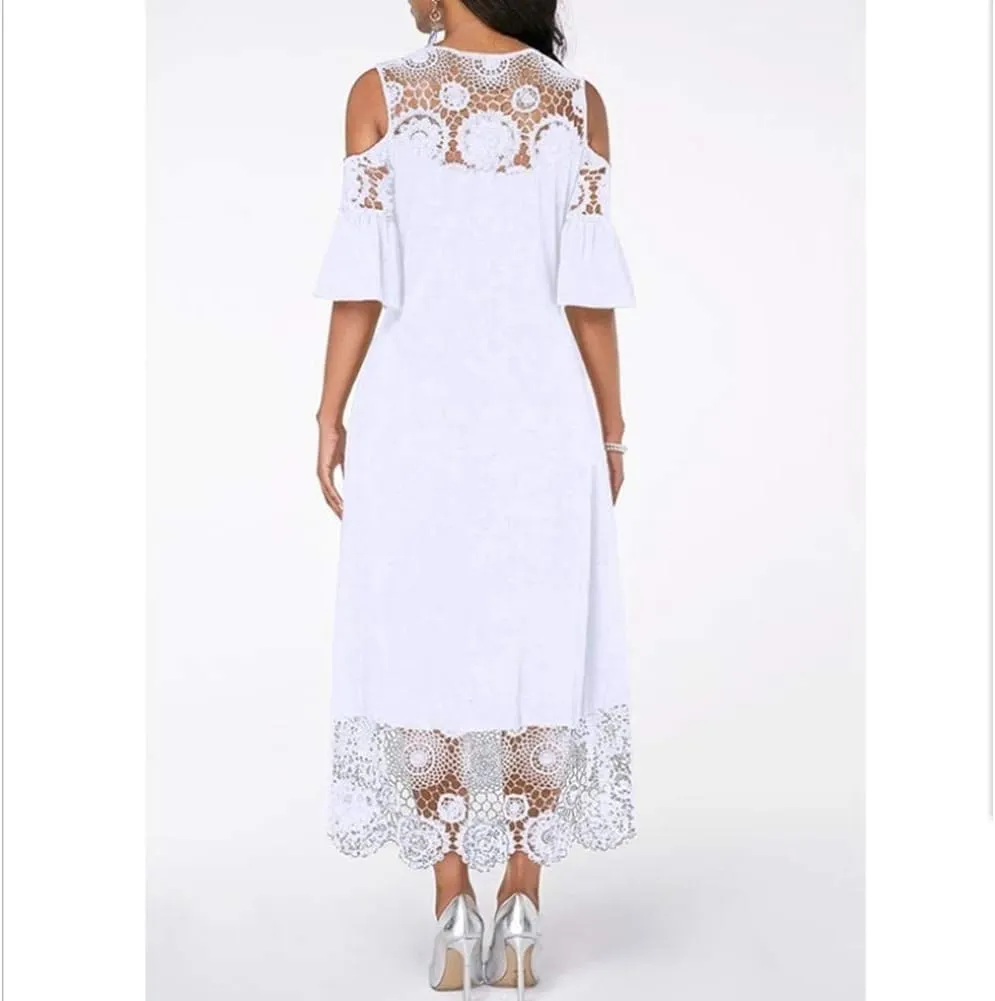 Women Lace Trim Plus Size Dresses Cold Shoulder Short Sleeve Ruffle Cocktail Party Midi Dress