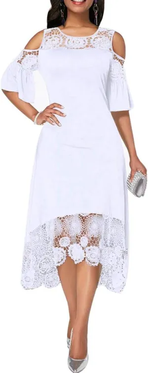 Women Lace Trim Plus Size Dresses Cold Shoulder Short Sleeve Ruffle Cocktail Party Midi Dress