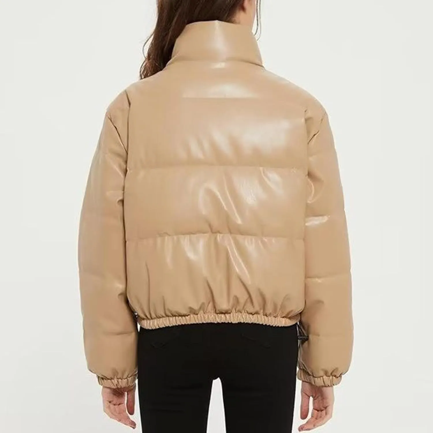 Women Leather Puffer Jackets Cropped Down Coats Stand Collar Fashion Winter Coats Button Up Bubble Moto Bomber Jackets