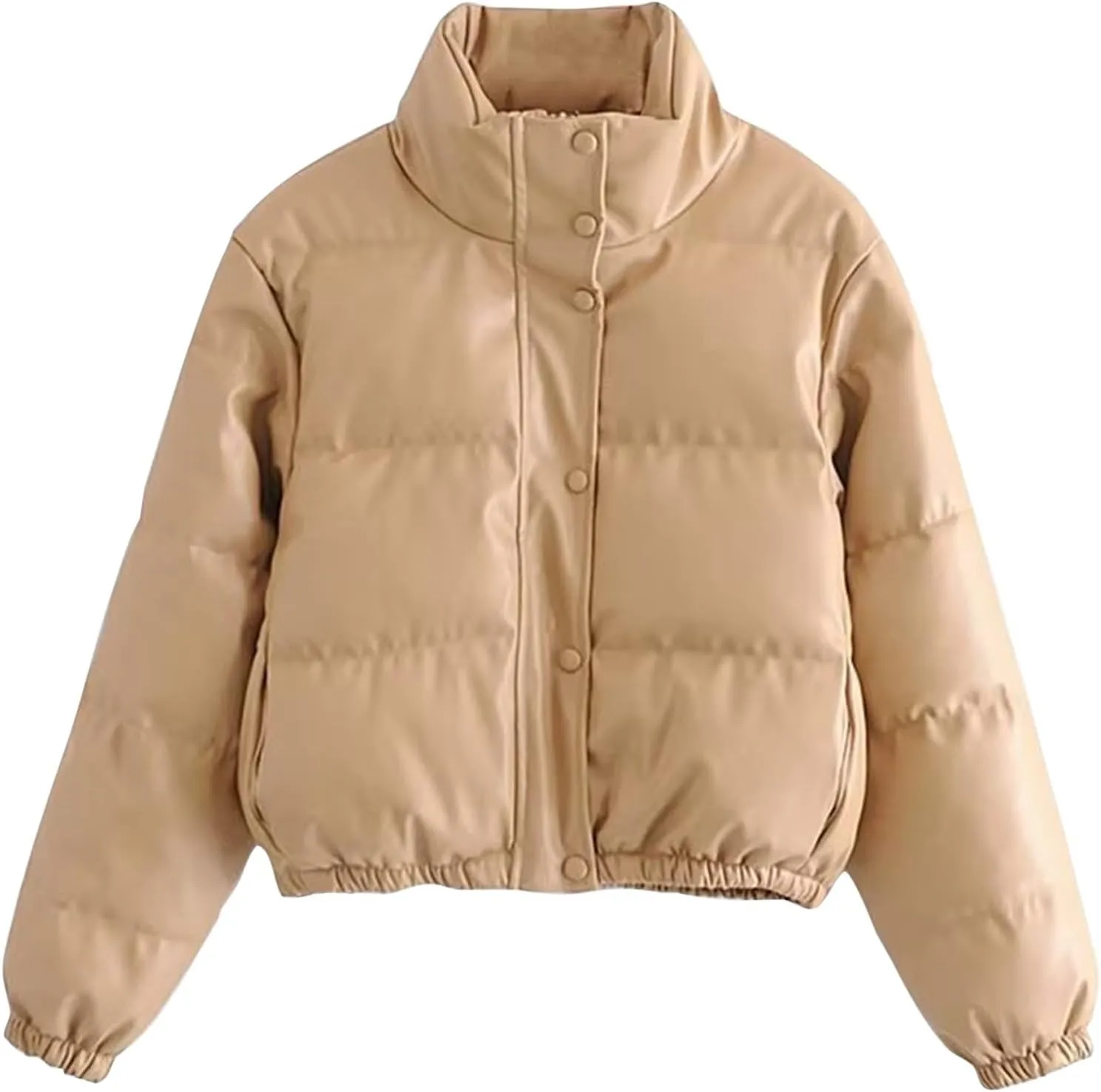 Women Leather Puffer Jackets Cropped Down Coats Stand Collar Fashion Winter Coats Button Up Bubble Moto Bomber Jackets