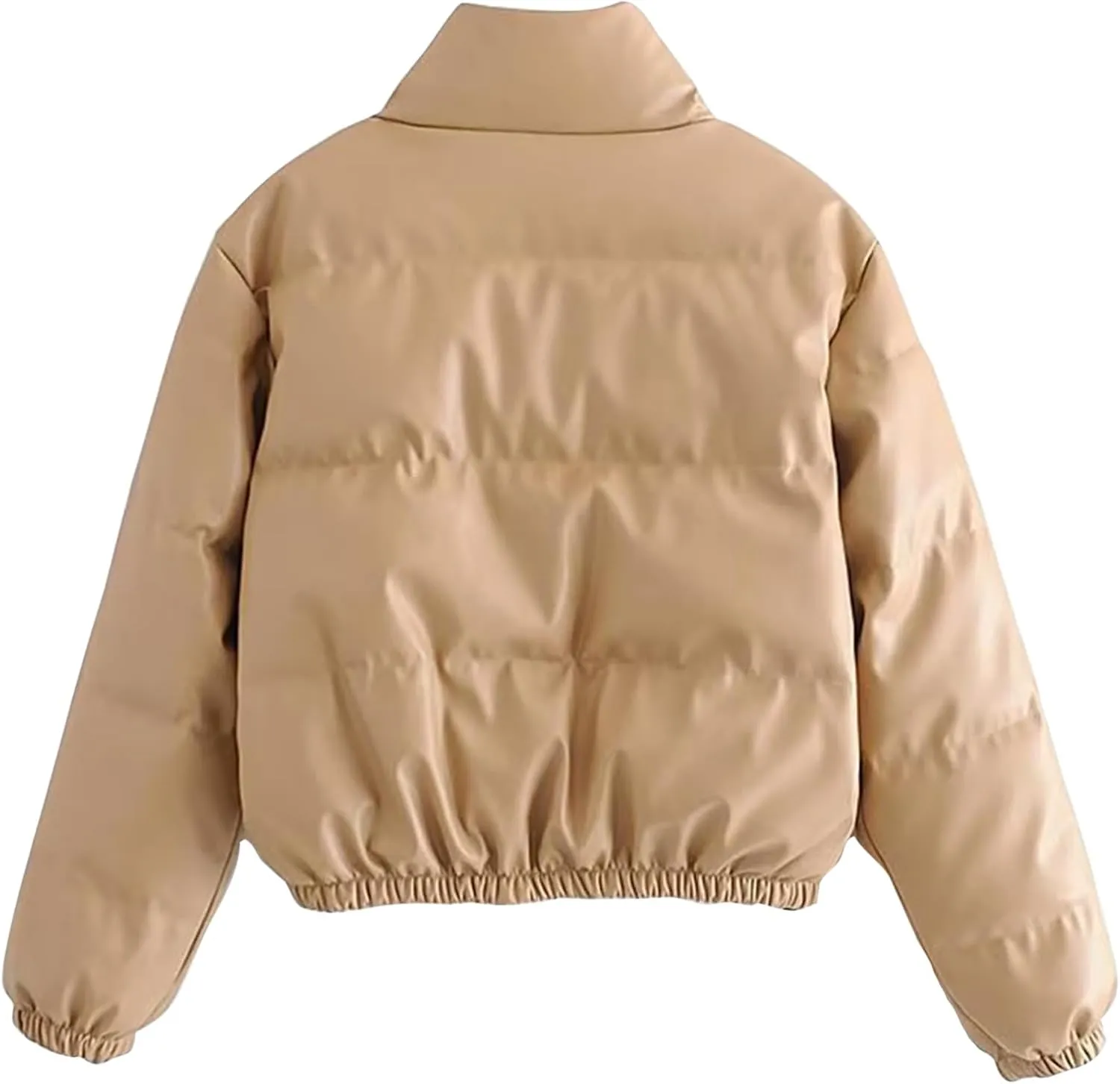 Women Leather Puffer Jackets Cropped Down Coats Stand Collar Fashion Winter Coats Button Up Bubble Moto Bomber Jackets