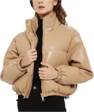 Women Leather Puffer Jackets Cropped Down Coats Stand Collar Fashion Winter Coats Button Up Bubble Moto Bomber Jackets