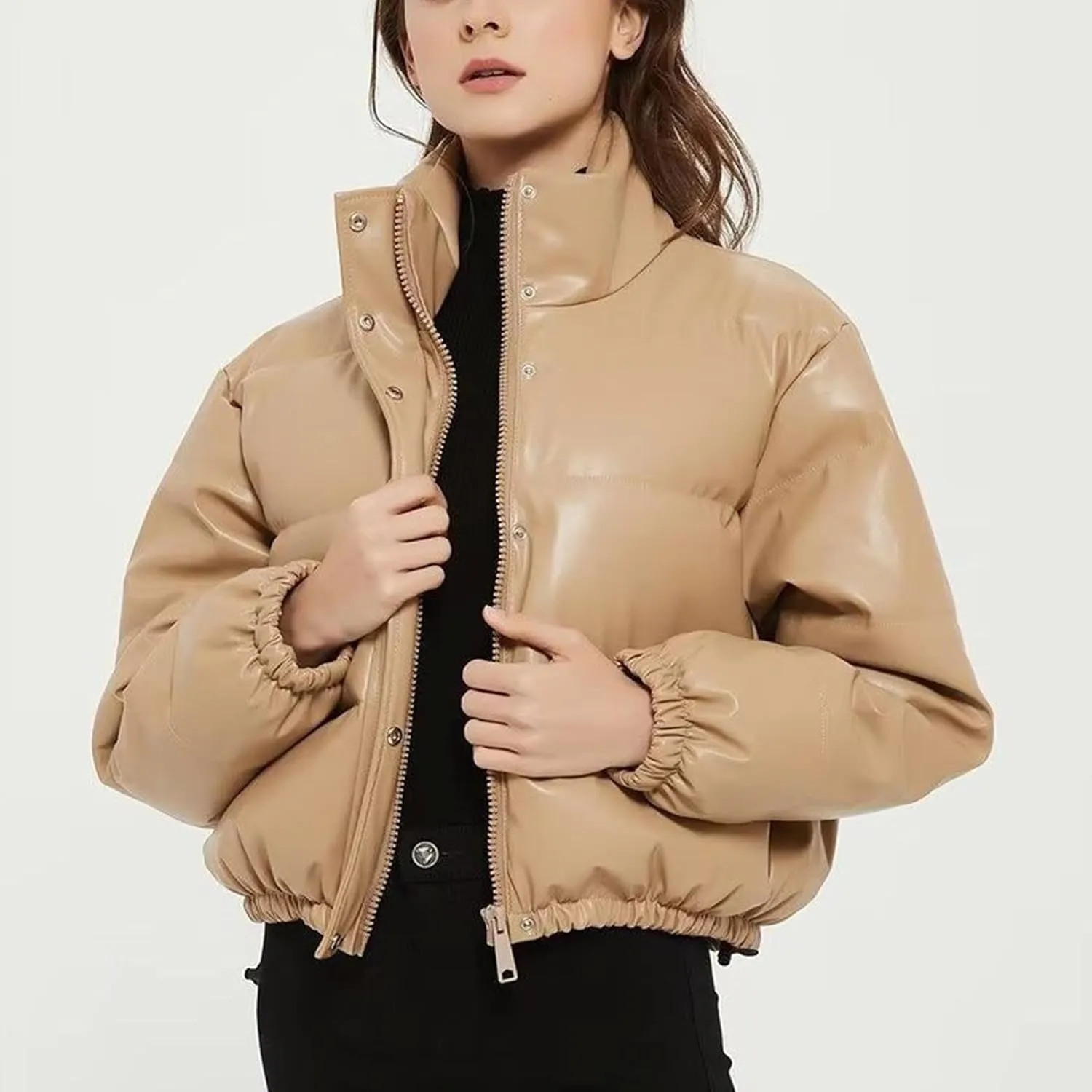 Women Leather Puffer Jackets Cropped Down Coats Stand Collar Fashion Winter Coats Button Up Bubble Moto Bomber Jackets
