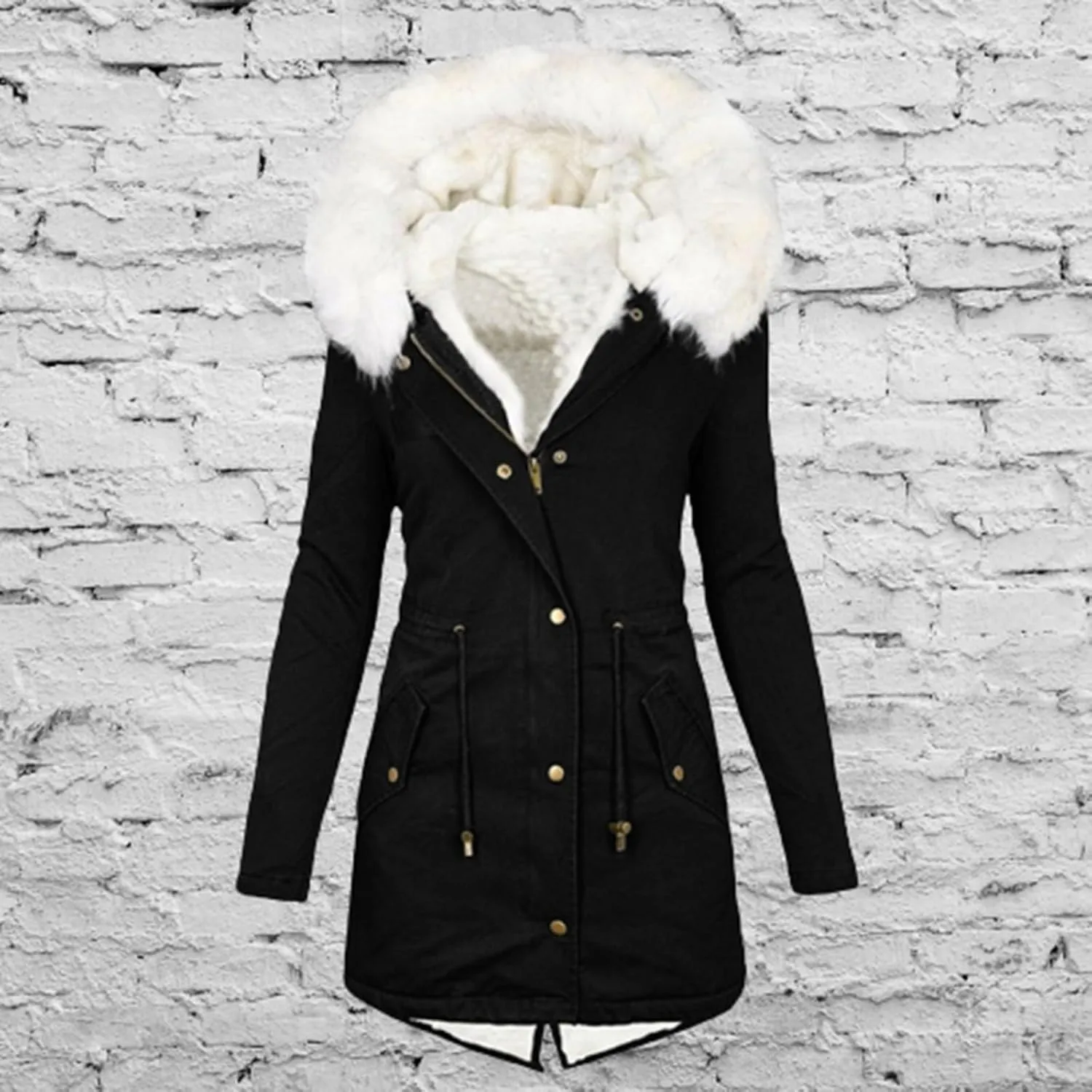 Women Parka Faux Pea Coat Sherpa Fleece Lined Distressed Jackets Thicken Warm Casual Outerwear Fuzzy Trench Coat