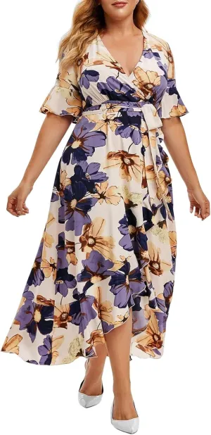 Women Plus Size Casual Short Sleeve Off Shoulder Boho Slit Flowy Maxi Long Dress
