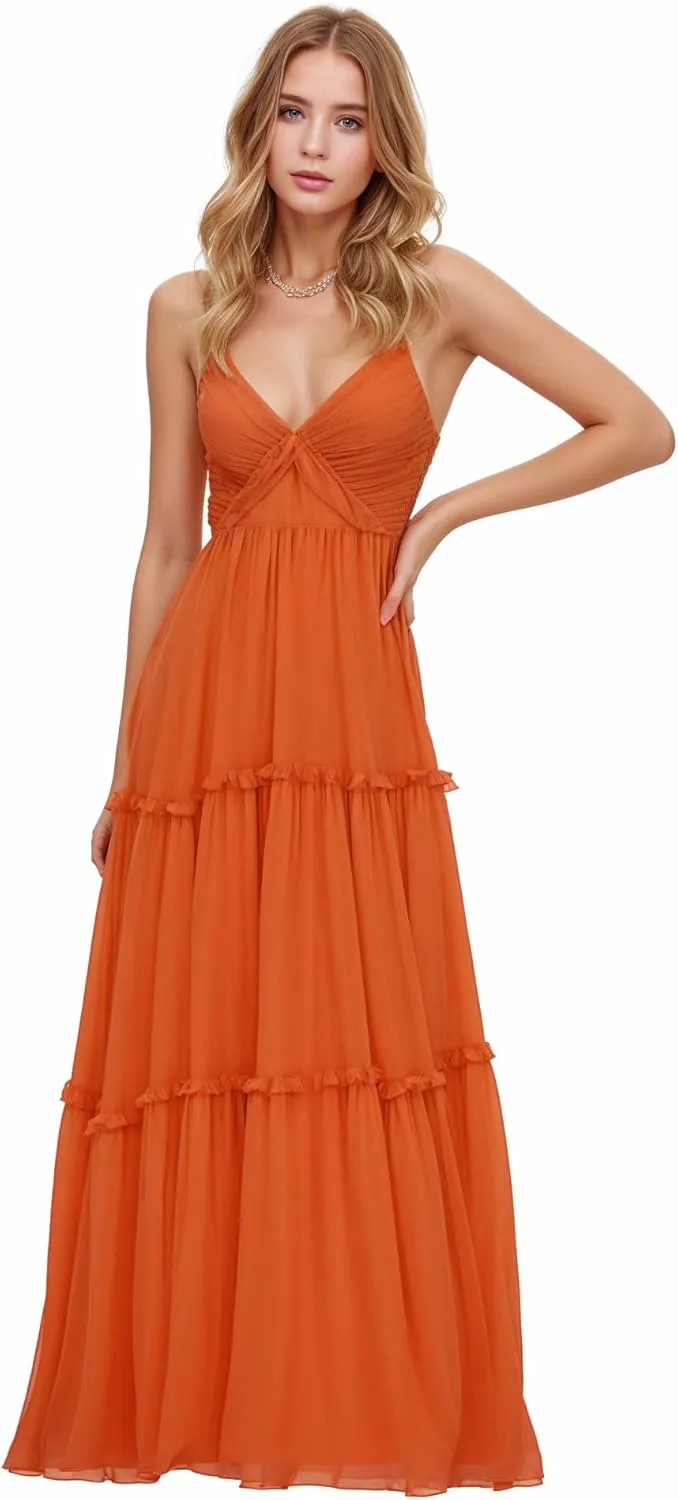 Women Spaghetti Straps Bridesmaid Dresses V Neck Backless Chiffon Long Formal Prom Evening Wedding Guest Party Gowns