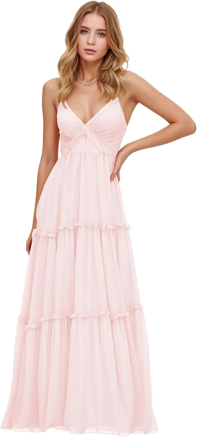 Women Spaghetti Straps Bridesmaid Dresses V Neck Backless Chiffon Long Formal Prom Evening Wedding Guest Party Gowns