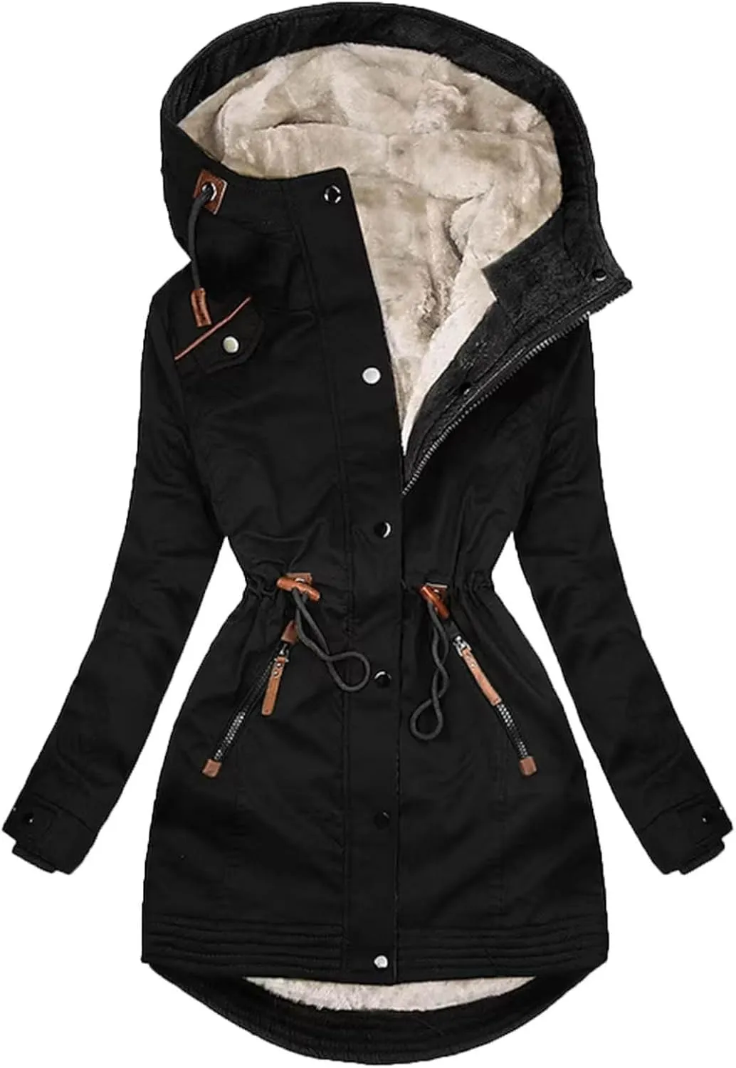 Women Thick Winter Jacket Fleece Lined Down Coat Drawstring Waist Jacket Hooded Parka Coat Warm Outerwear with Pockets