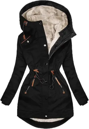 Women Thick Winter Jacket Fleece Lined Down Coat Drawstring Waist Jacket Hooded Parka Coat Warm Outerwear with Pockets