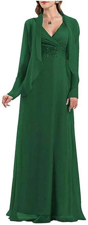 Women's 2 PC Chiffon Evening Dress V-Neck Beaded Pleat Waist Dress for Mother of The Bride Plus Size