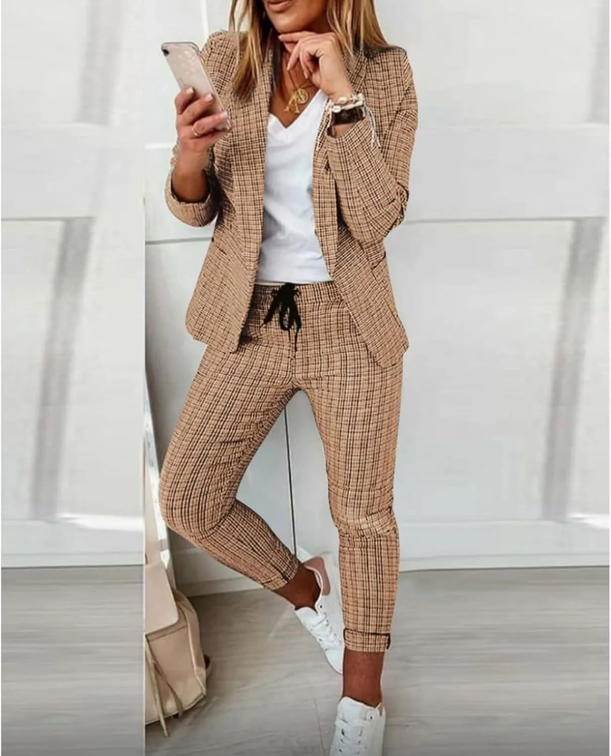 Women's 2 Piece Outfits Casual Blazers Open Front Blazer and Pencil Pants Suit Long Sleeve Business Work Office Sets