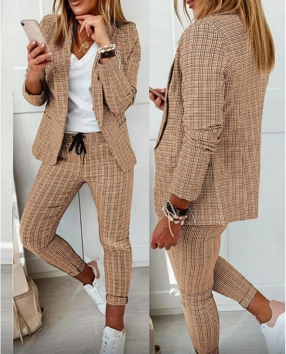 Women's 2 Piece Outfits Casual Blazers Open Front Blazer and Pencil Pants Suit Long Sleeve Business Work Office Sets