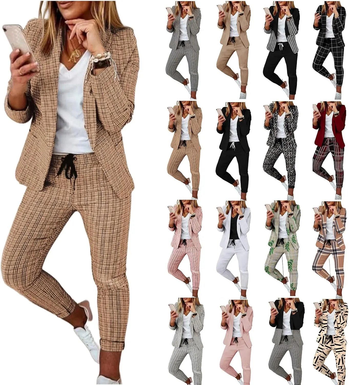 Women's 2 Piece Outfits Casual Blazers Open Front Blazer and Pencil Pants Suit Long Sleeve Business Work Office Sets