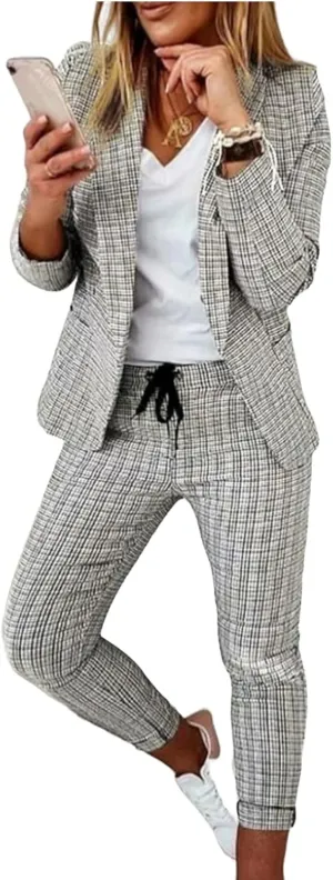Women's 2 Piece Outfits Casual Blazers Open Front Blazer and Pencil Pants Suit Long Sleeve Business Work Office Sets