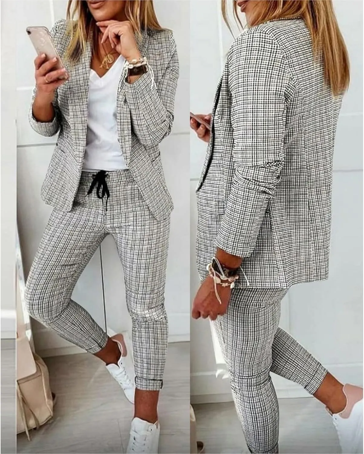 Women's 2 Piece Outfits Casual Blazers Open Front Blazer and Pencil Pants Suit Long Sleeve Business Work Office Sets