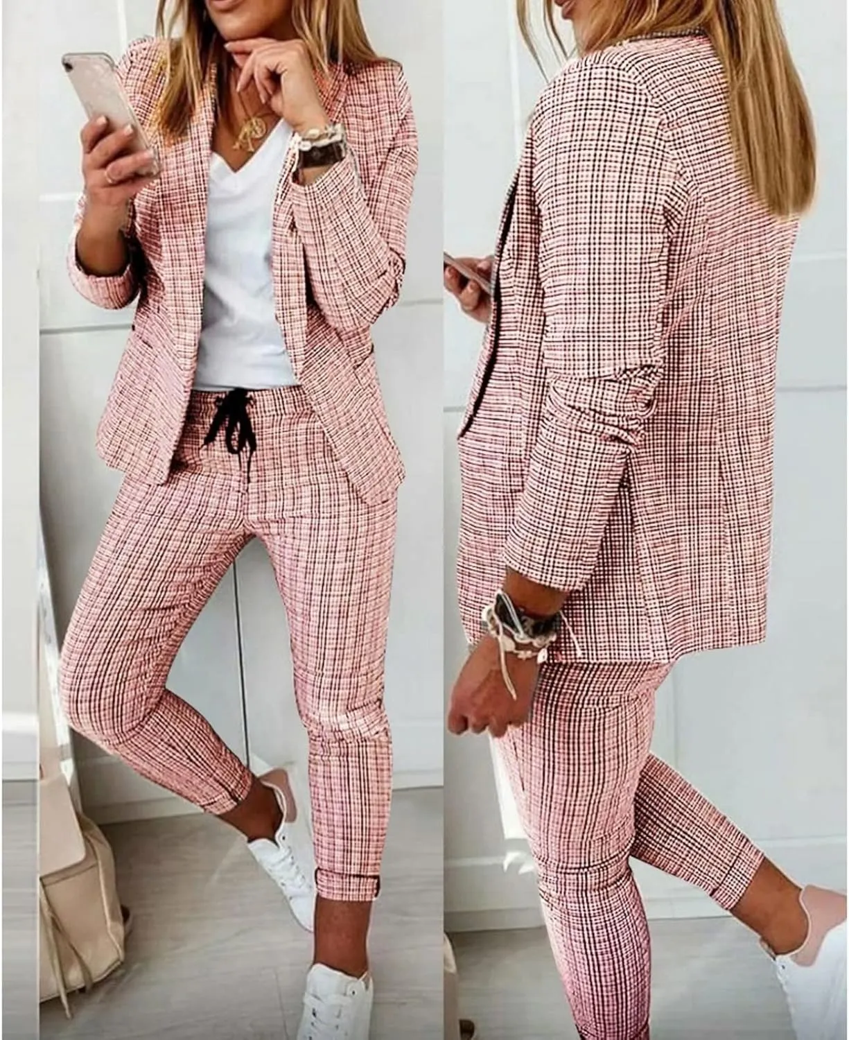 Women's 2 Piece Outfits Casual Blazers Open Front Blazer and Pencil Pants Suit Long Sleeve Business Work Office Sets