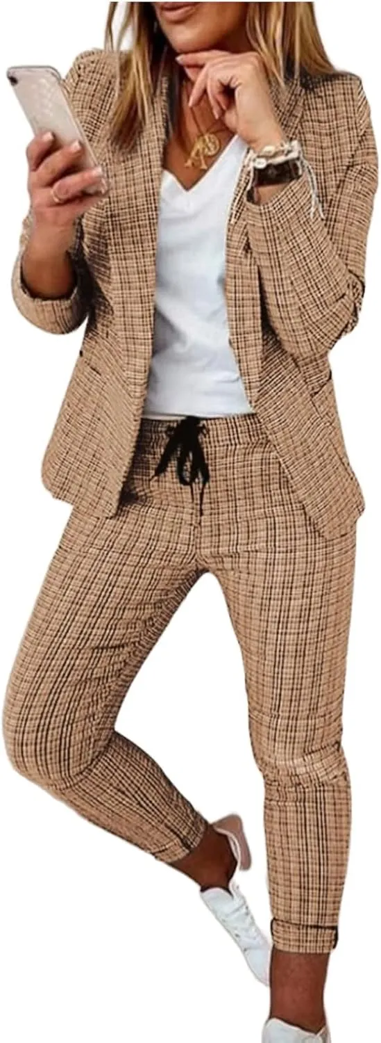 Women's 2 Piece Outfits Casual Blazers Open Front Blazer and Pencil Pants Suit Long Sleeve Business Work Office Sets