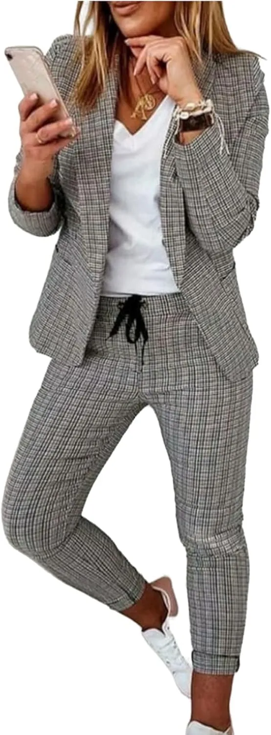 Women's 2 Piece Outfits Casual Blazers Open Front Blazer and Pencil Pants Suit Long Sleeve Business Work Office Sets