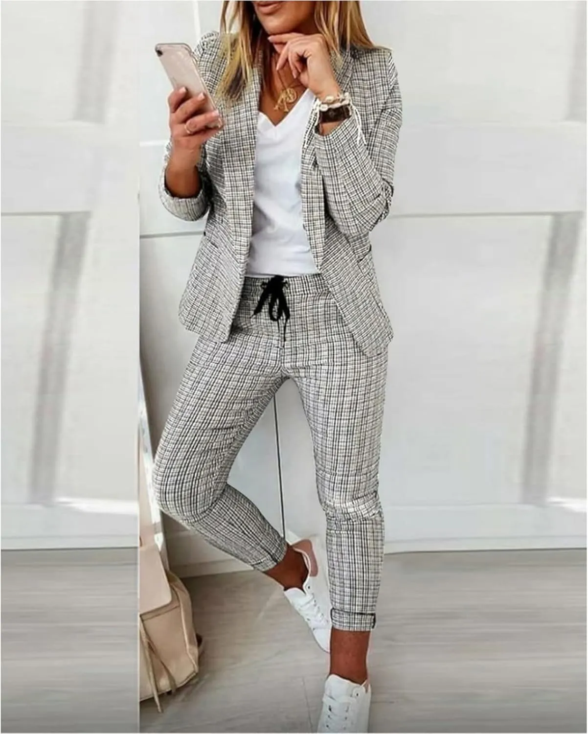 Women's 2 Piece Outfits Casual Blazers Open Front Blazer and Pencil Pants Suit Long Sleeve Business Work Office Sets