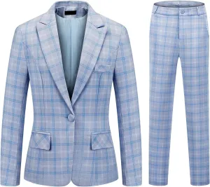 Womens 2 Piece Plaid Suits Set Business Office One Button Blazer Jacket Casual Long Sleeve Pant Suit Set