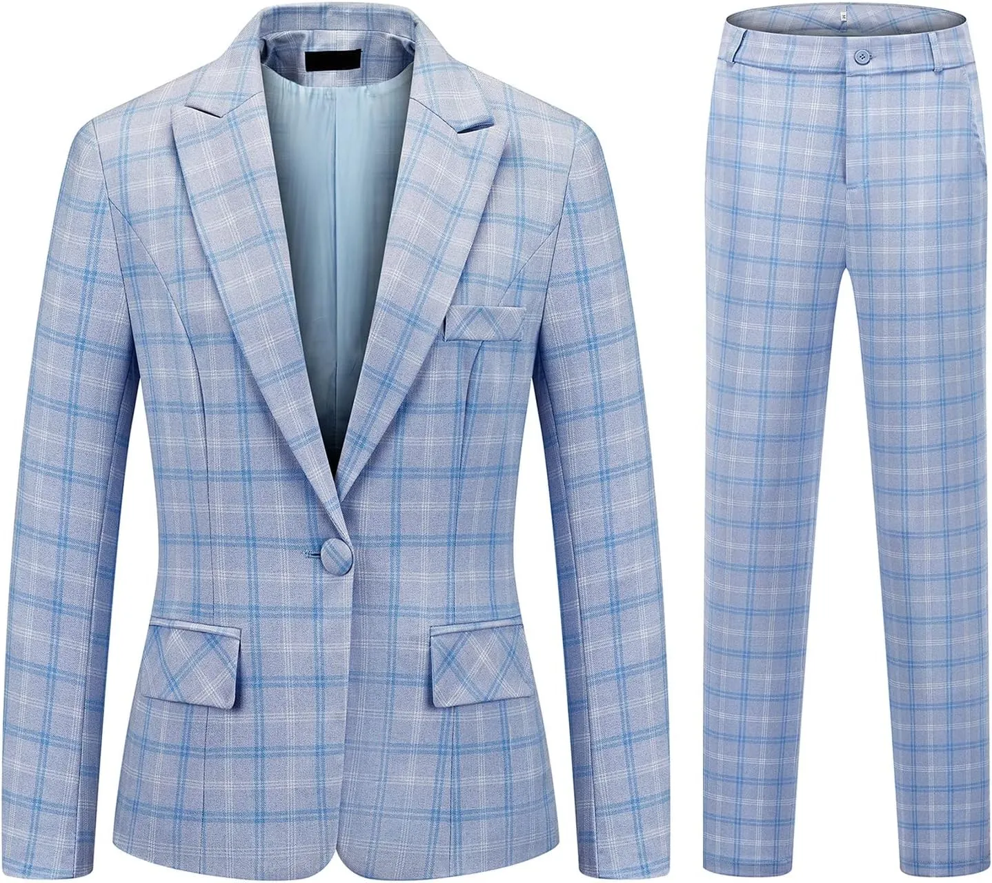 Womens 2 Piece Plaid Suits Set Business Office One Button Blazer Jacket Casual Long Sleeve Pant Suit Set