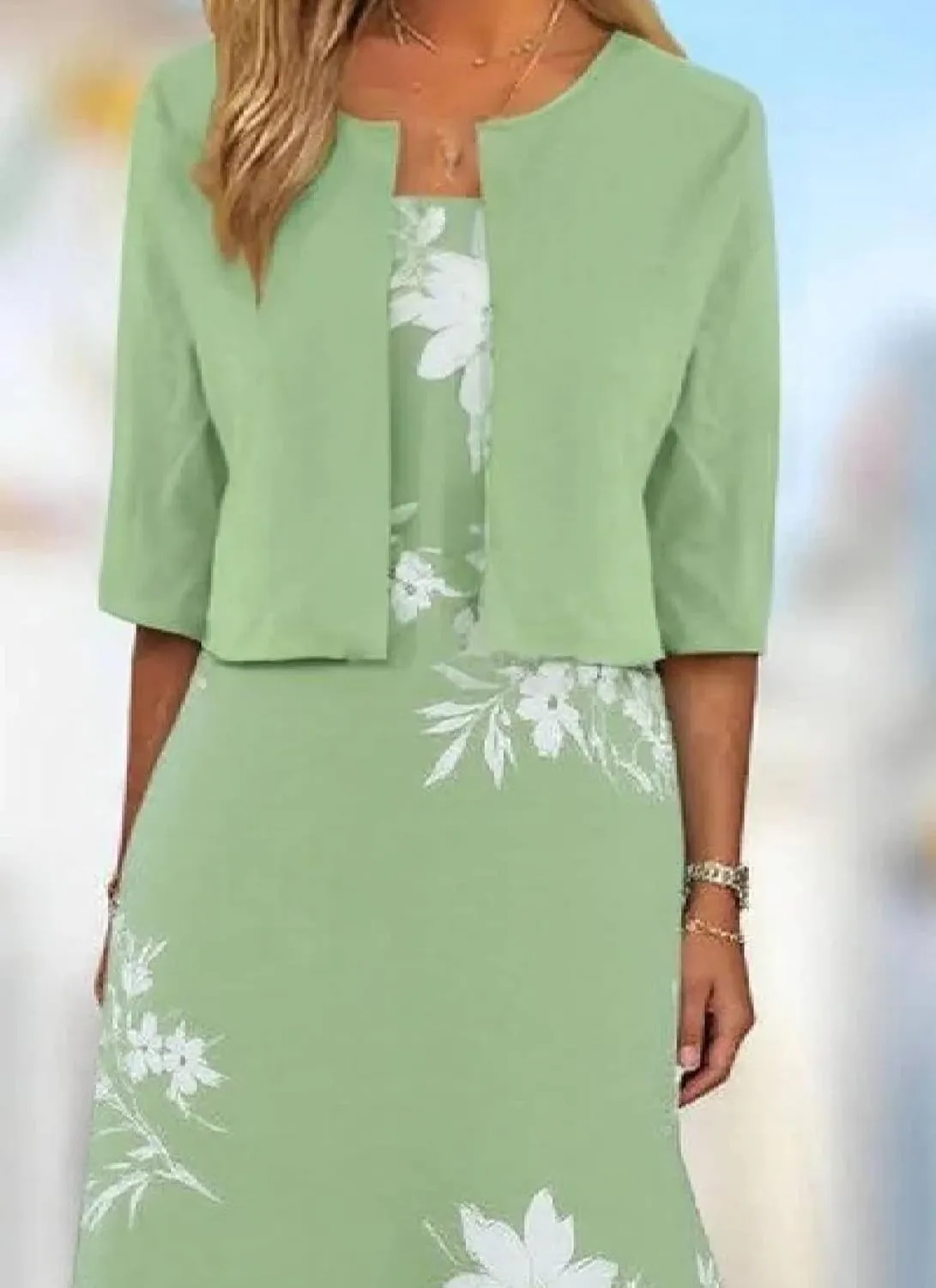 Womens 2 Piece Set Fashion Unique Plant Print Midi Dress with Jacket Cardigan Wedding Guest Floral Print Midi Dresses