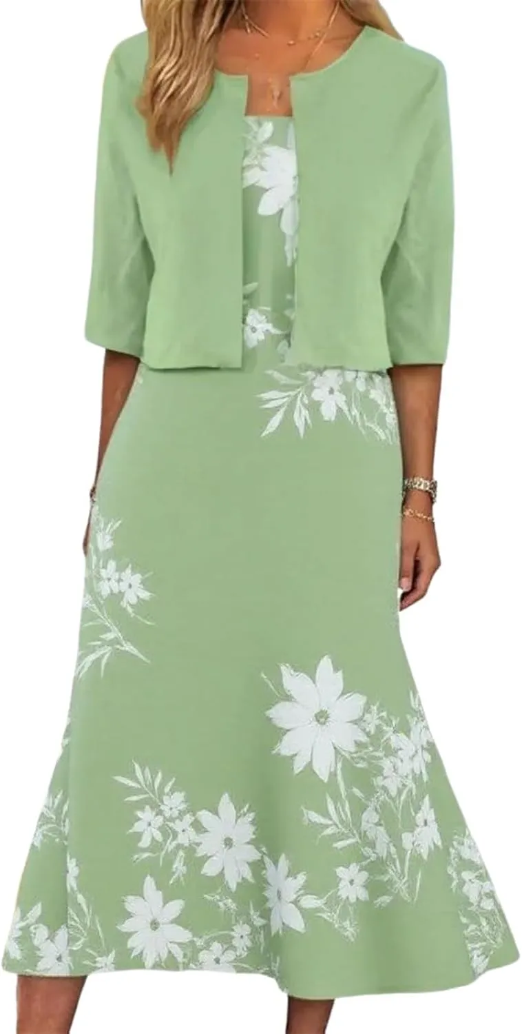 Womens 2 Piece Set Fashion Unique Plant Print Midi Dress with Jacket Cardigan Wedding Guest Floral Print Midi Dresses