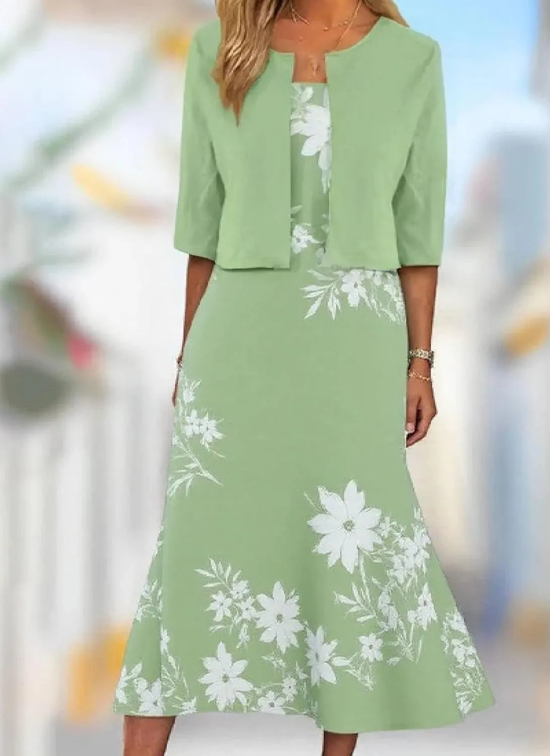 Womens 2 Piece Set Fashion Unique Plant Print Midi Dress with Jacket Cardigan Wedding Guest Floral Print Midi Dresses