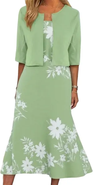 Womens 2 Piece Set Fashion Unique Plant Print Midi Dress with Jacket Cardigan Wedding Guest Floral Print Midi Dresses