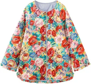 Women's Bell Sleeves Crew Neck Down Jacket Y2k Floral Trendy Buttons Coats Japanese Cottagecore Streetwear Indie Clothes