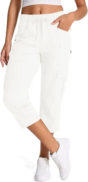 Womens Capris with Pockets Stretch Shorts Hiking Cargo Quick Dry Elastic Waist Long Shorts