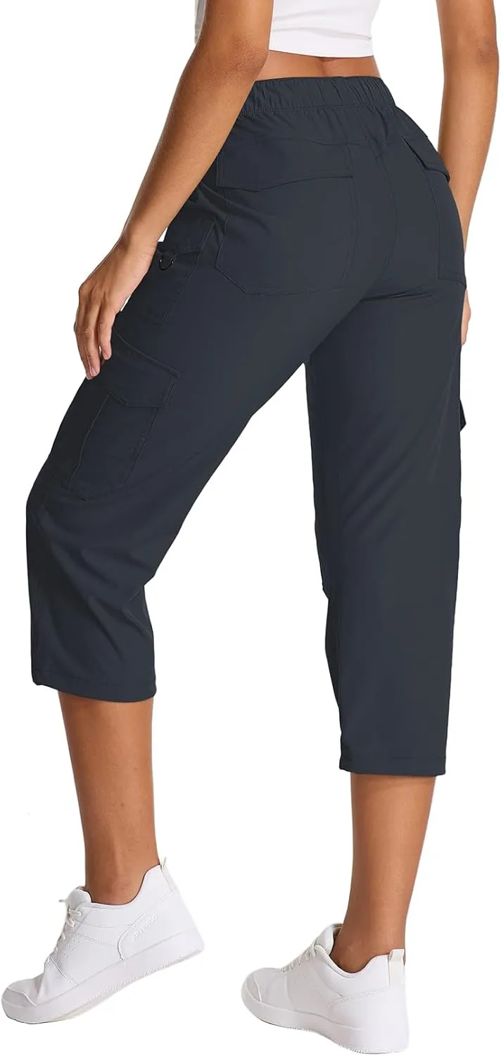 Womens Capris with Pockets Stretch Shorts Hiking Cargo Quick Dry Elastic Waist Long Shorts