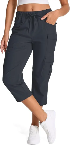 Womens Capris with Pockets Stretch Shorts Hiking Cargo Quick Dry Elastic Waist Long Shorts