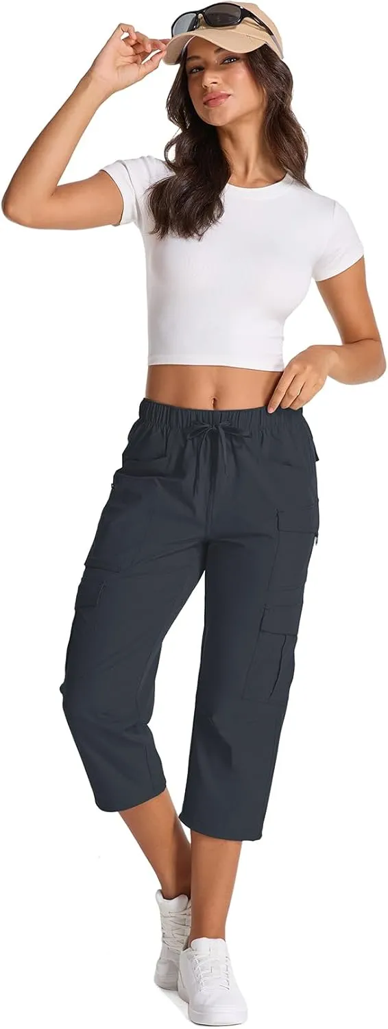 Womens Capris with Pockets Stretch Shorts Hiking Cargo Quick Dry Elastic Waist Long Shorts