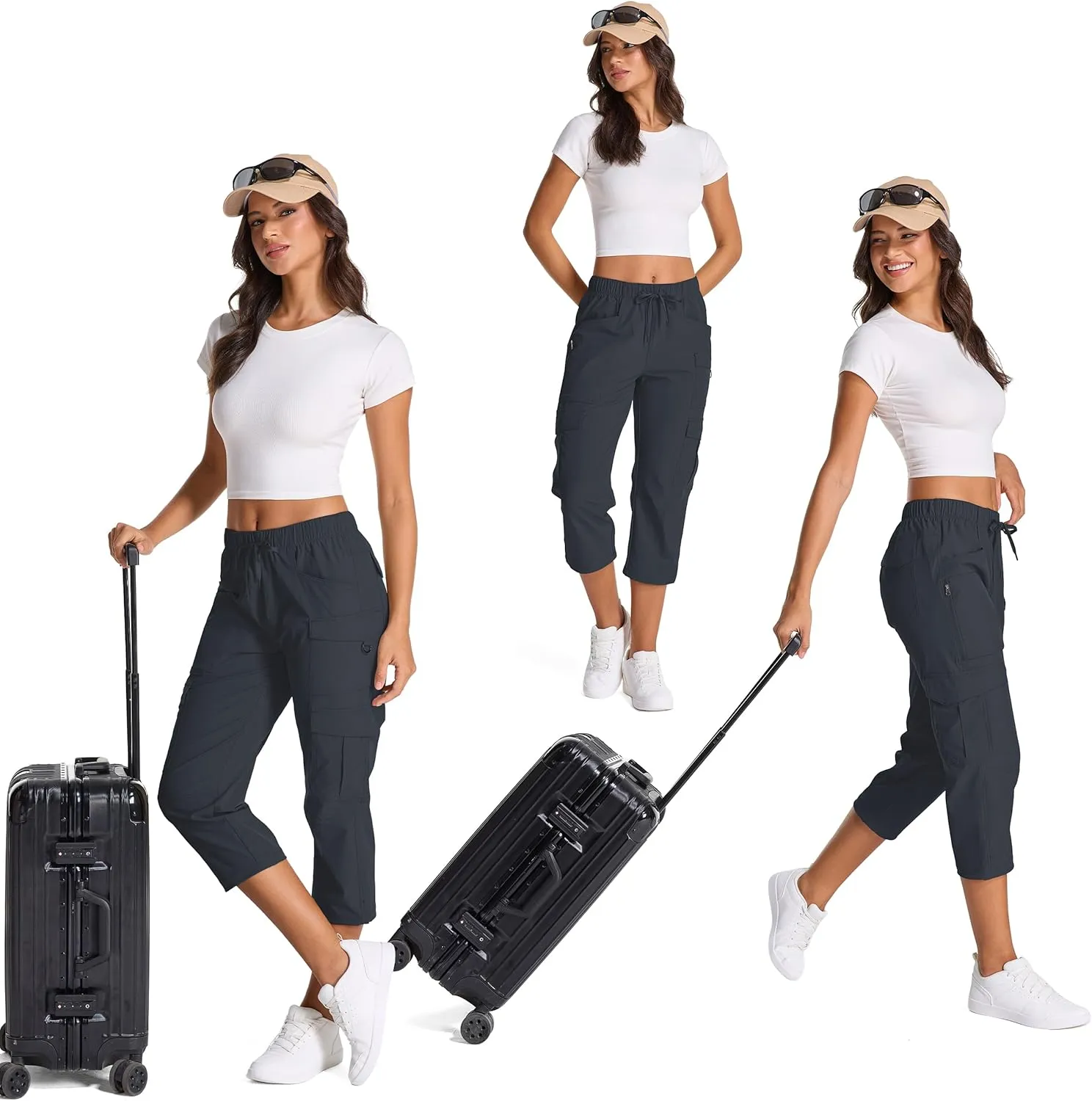Womens Capris with Pockets Stretch Shorts Hiking Cargo Quick Dry Elastic Waist Long Shorts