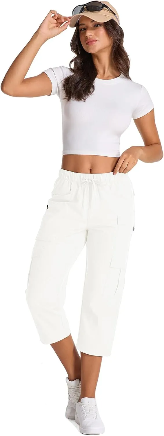 Womens Capris with Pockets Stretch Shorts Hiking Cargo Quick Dry Elastic Waist Long Shorts