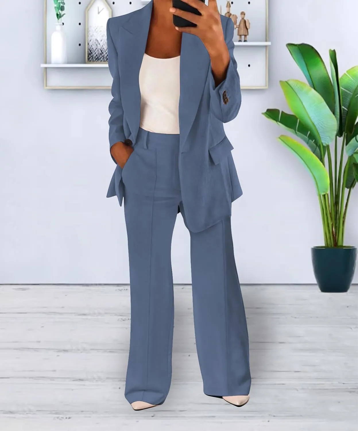Women's Casual 2 Piece Blazer Jackets Set Loose Long Work Blazer and Dressy Wide Leg Pant Suits with Pockets