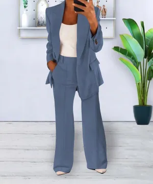 Women's Casual 2 Piece Blazer Jackets Set Loose Long Work Blazer and Dressy Wide Leg Pant Suits with Pockets