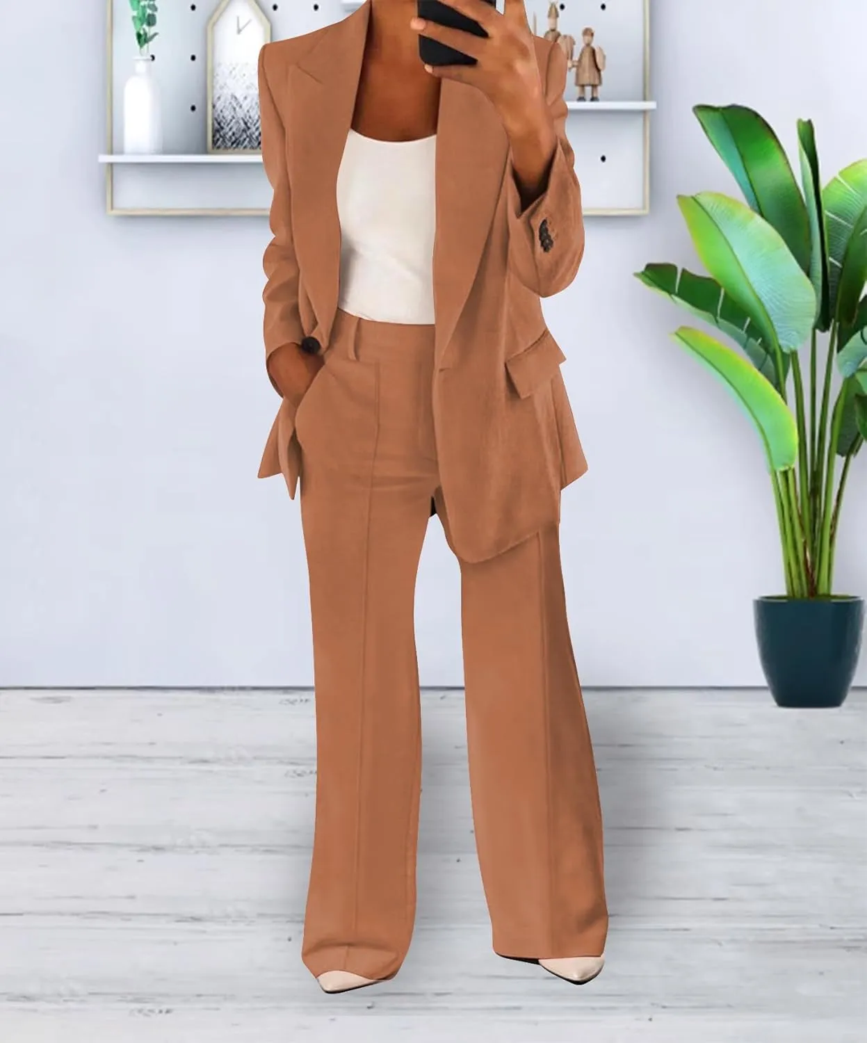 Women's Casual 2 Piece Blazer Jackets Set Loose Long Work Blazer and Dressy Wide Leg Pant Suits with Pockets