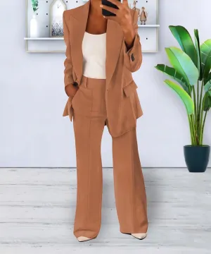 Women's Casual 2 Piece Blazer Jackets Set Loose Long Work Blazer and Dressy Wide Leg Pant Suits with Pockets