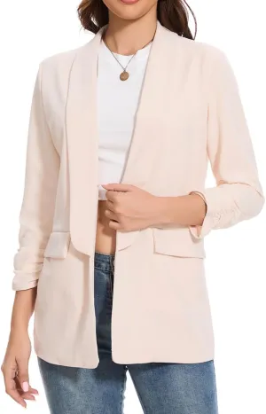 Womens Casual Blazer Ruched 3/4 Sleeve 2025 Shawl Lapel Office Lightweight Open Front Casual Jackets with Pockets