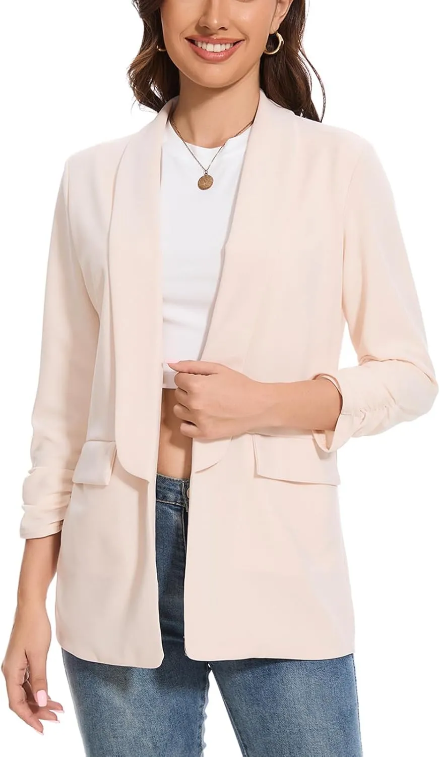 Womens Casual Blazer Ruched 3/4 Sleeve 2025 Shawl Lapel Office Lightweight Open Front Casual Jackets with Pockets