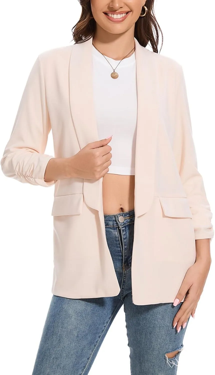 Womens Casual Blazer Ruched 3/4 Sleeve 2025 Shawl Lapel Office Lightweight Open Front Casual Jackets with Pockets