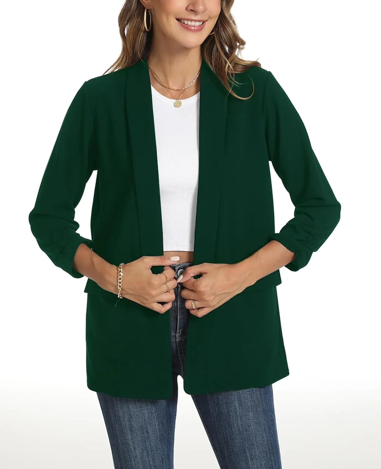 Womens Casual Blazer Ruched 3/4 Sleeve 2025 Shawl Lapel Office Lightweight Open Front Casual Jackets with Pockets