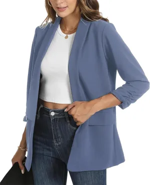 Womens Casual Blazer Ruched 3/4 Sleeve 2025 Shawl Lapel Office Lightweight Open Front Casual Jackets with Pockets