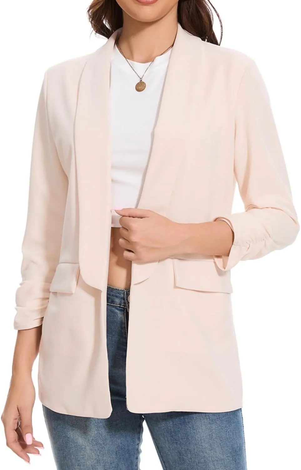 Womens Casual Blazer Ruched 3/4 Sleeve 2025 Shawl Lapel Office Lightweight Open Front Casual Jackets with Pockets