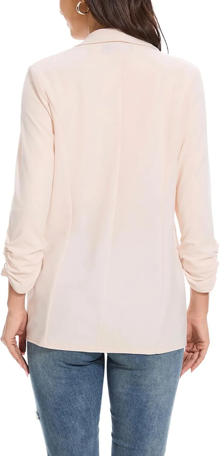 Womens Casual Blazer Ruched 3/4 Sleeve 2025 Shawl Lapel Office Lightweight Open Front Casual Jackets with Pockets