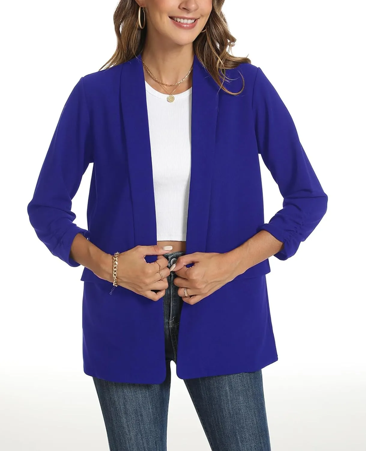 Womens Casual Blazer Ruched 3/4 Sleeve 2025 Shawl Lapel Office Lightweight Open Front Casual Jackets with Pockets
